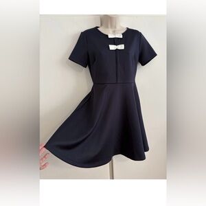 NWT Stretchy Regular Size 6 Navy Blue W/ White Bows Dress By London Dress Co.